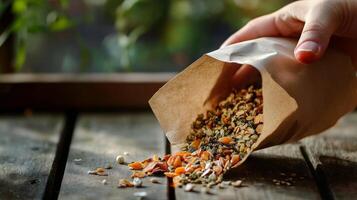 Colorful Seed Mix Pouring from Brown Paper Bag onto Rustic Wooden Table photo