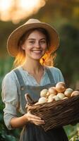 Happy Woman Farmer Holding Basket of Fresh Onions photo