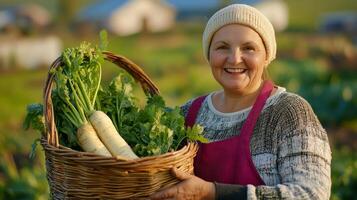 Smiling Gardener Holds Basket of Freshly Harvested Vegetables photo