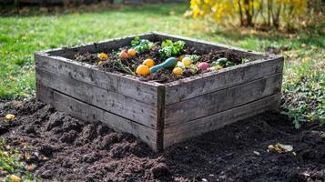 Wooden Garden Box Filled with Fresh Vegetables and Fruits photo