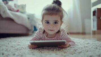 Adorable Toddler Girl Playing with Tablet on Carpet photo