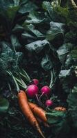 Freshly Grown Carrots and Radishes in the Garden photo