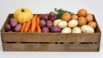 Fresh Harvest Vegetables and Eggs in Wooden Crate photo