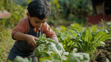 Child Harvesting Fresh Vegetables in a Garden photo