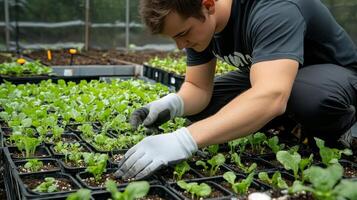 Dedicated Gardener Planting Young Crops in Greenhouse photo