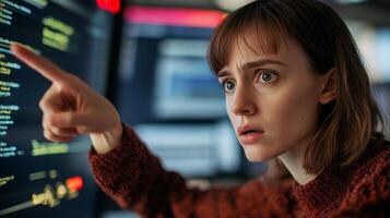 Intrigued Woman Examining Computer Code photo