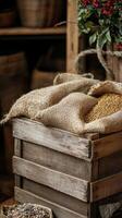 Vintage Wooden Crate Filled With Mustard Seeds photo