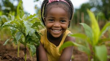 Smiling Child Planting a Tree in a Garden photo