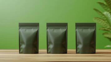 Dark Green Ziplock Packaging Mockup on Wooden Table photo