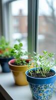 Colorful Potted Plants by the Window A Fresh and Vibrant Home Decor photo
