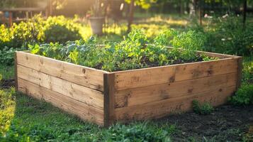 Wooden Raised Garden Bed Filled with Fresh Vegetables photo
