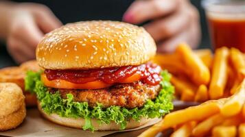 Scrumptious Burger and Fries Meal - A Culinary Delight photo