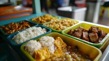 Delicious Asian Lunch Box with Rice, Tofu, and Chicken photo