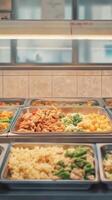 Delicious Buffet Food Selection with Chicken, Vegetables, and Rice photo
