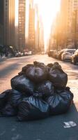Urban Garbage Pile Under Golden Sunlight photo