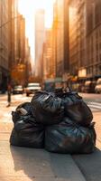 Urban Waste Problem in Cityscape - Piled Garbage Bags on Sidewalk photo