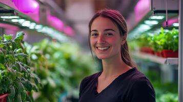Smiling Woman in a Modern Greenhouse, Cultivating Sustainable Plants photo