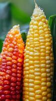 Close Up of Colorful Corn Cob with Water Droplets photo
