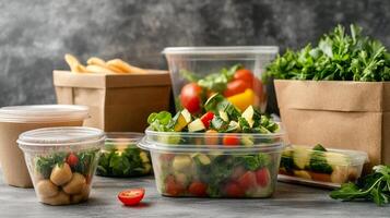 Healthy Meal Prep Containers with Fresh Salad and Vegetables photo
