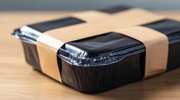 Black Food Container with Brown Paper Wrap photo