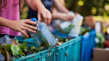 Children Recycling Plastic Bottles and Composting photo