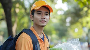Dedicated Young Worker in a Vibrant Urban Setting photo