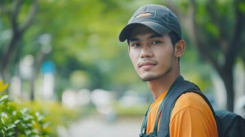 Young Man in Urban Park - A Portrait of Calm photo