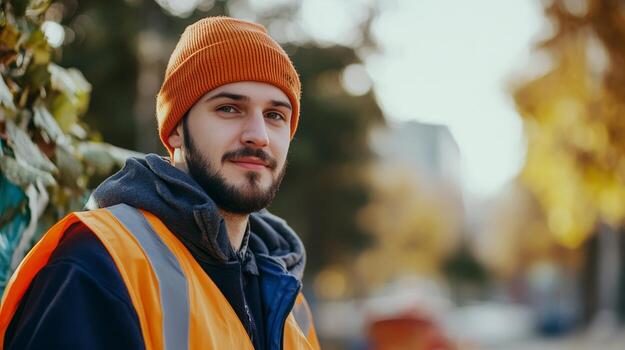 Dedicated Worker in Autumnal Urban Setting photo