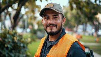 Smiling Worker in Urban Setting A Portrait of a Dedicated Individual photo