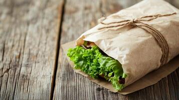 Delicious and Healthy Wrap Sandwich on Rustic Wooden Table photo