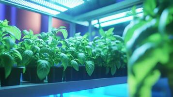 Indoor Vertical Farming Lush Green Plants Thrive Under LED Lights photo