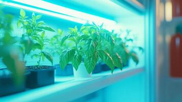 de cerca de vibrante interior plantas en un moderno creciente sistema foto