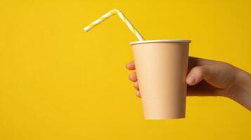 Beige Paper Cup with Striped Straw on Bright Yellow Background photo