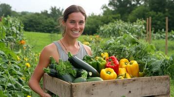 Smiling Woman Harvesting Fresh Vegetables in Garden photo