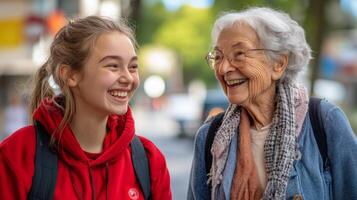 Generational Connection Joyful Exchange Between a Teenager and Senior Citizen photo
