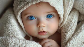 Baby with captivating blue eyes, wrapped in a soft knit blanket photo