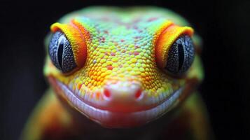 Close-up view of a colorful gecko's face photo