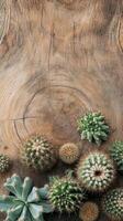 A Stunning Collection of Succulents and Cacti on Rustic Wooden Background photo