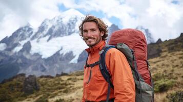 Adventurous Hiker Poses Against Majestic Mountains photo