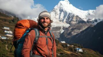 Smiling Hiker in Snowy Mountains, Inspiring Adventure photo