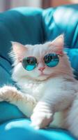 Trendy White Cat Rocking Sunglasses on a Cozy Blue Sofa photo