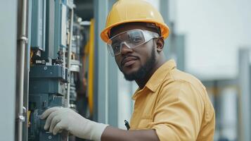 Dedicated Industrial Technician Inspecting Complex Machinery photo