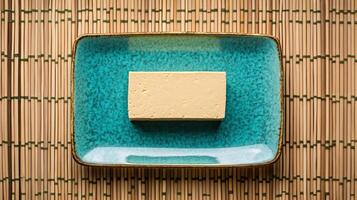 Simple Tofu Block on Turquoise Plate photo