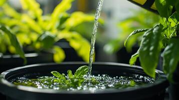 Watering Young Plants in a Potted Garden photo