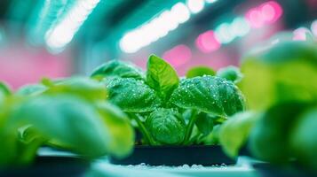 Fresco albahaca plantas en un hidropónico sistema foto