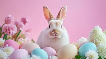 Cute Easter Bunny Surrounded by Vibrant Eggs and Blossoming Flowers photo