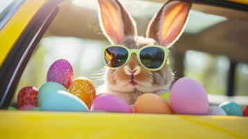 Funny Easter Bunny in a Car with Colorful Eggs photo