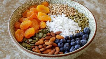 Nutritious Superfood Bowl with Dried Apricots, Almonds, and Blueberries photo