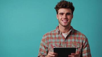Smiling Man Holding Tablet - Modern Portrait photo