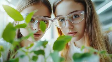 Young Scientists Examining a Plant in a Lab Setting photo